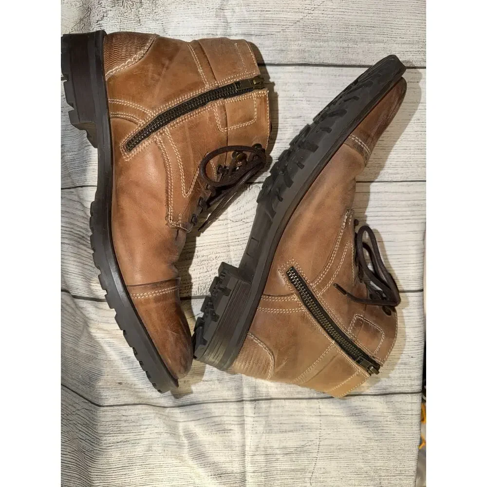 GBX Boots Mens Size 9M Brown Leather Side Zip Chunky Sole Biker Shoes Boots